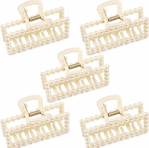 5 PCS Simulated Pearl Hair Claw Clips for Women | Multi-Use Barrettes for Thin Hair with Non-Slip Strong Hold | Barrettes for Thick & Curly Hair Accessories | Flat Claw Clips for Women, Off-White