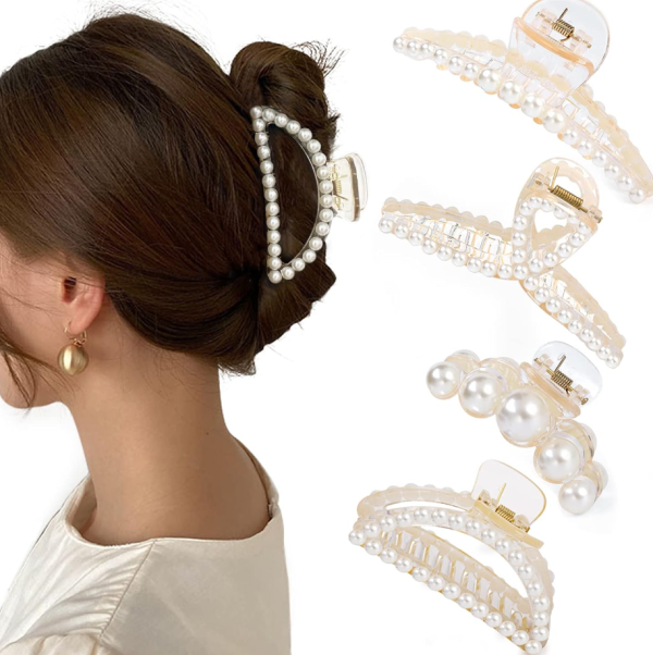 4 PCS Large Pearl Hair Claw Clips for Women Girls, Hair Barrette Clamps for Thick Thin Hair, Fashion Hair Accessories Headwear Styling Tools for Party Wedding
