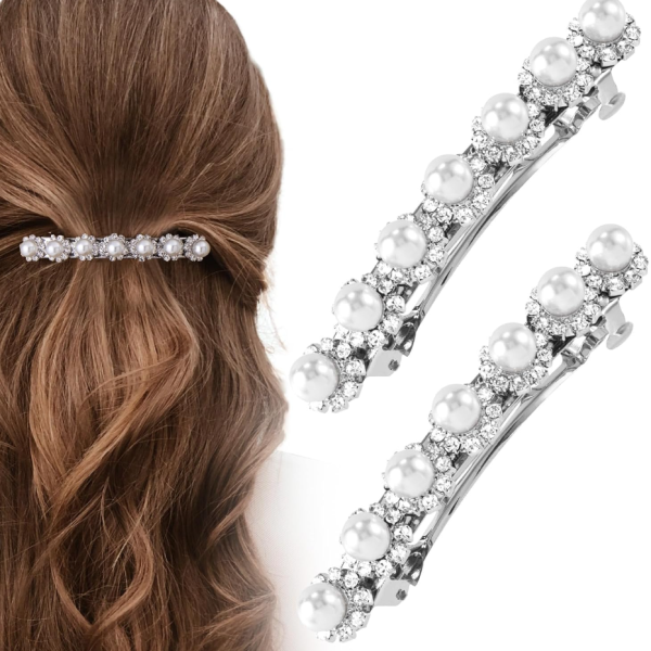 2Pcs Silver Pearl Hair Clips for Women Bride, 2.9x0.6in