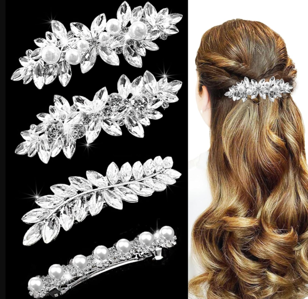 4pcs Rhinestone Pearl Wedding Hair Clips Silver New Bride Bridesmaid Spring Clips French Hairpins Elegant Floral Stylish Accessories Gift for Women Girls