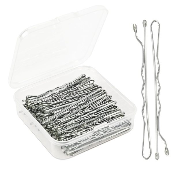 2 Inch Silver Grey Hair Bobby Pins Metal Clips Twisted Spiral Curved Ball Tips Non-slip Decorative Long Short Women Girls Nickel Free Hairdressing Wedding Accessories with Case 100 PCS