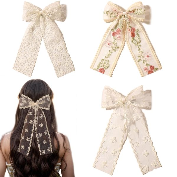 Beige Lace Hair Bows with Embroidered Flowers - Bowknots, Barrettes, and Hair Clips with Long Tails for Women (3pcs)